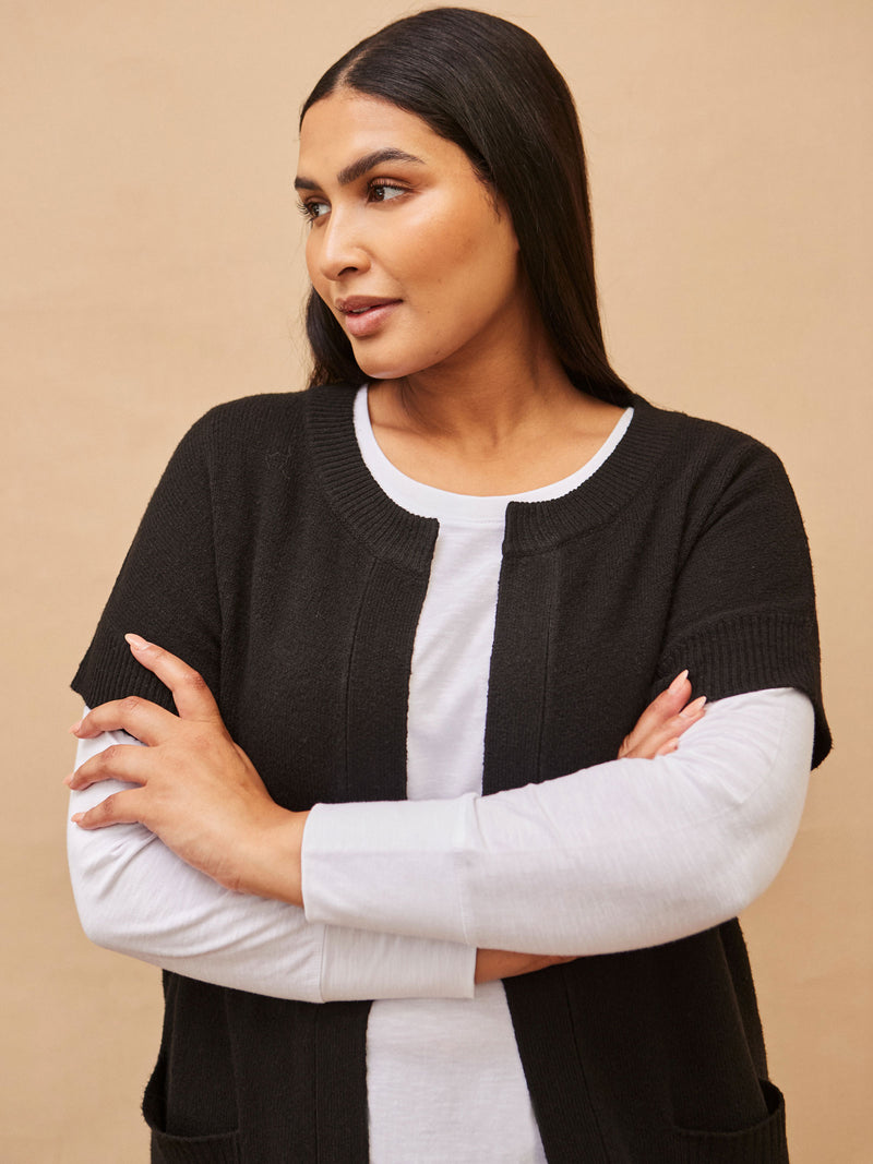 Black Ribbed Neck Longline Cardigan