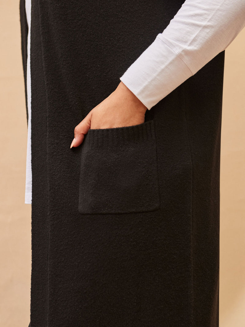 Black Ribbed Neck Longline Cardigan