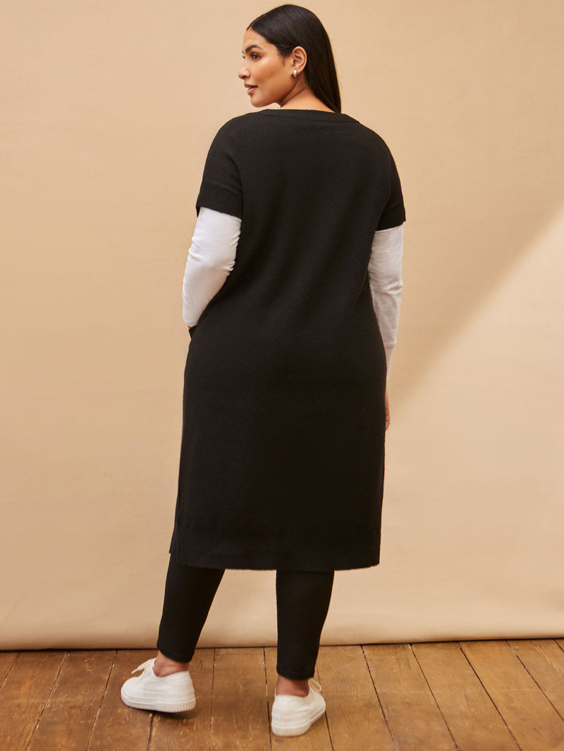 Black Ribbed Neck Longline Cardigan