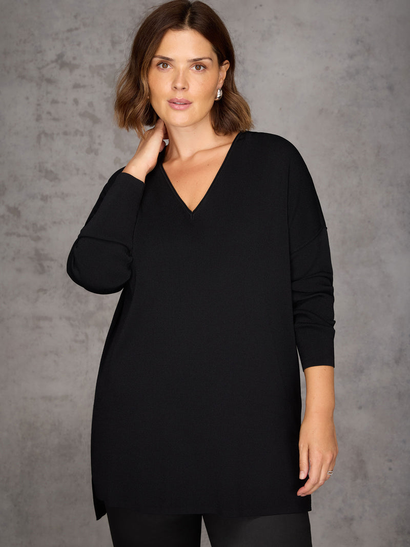 Black Ribbed Detail V Neck Knit Tunic