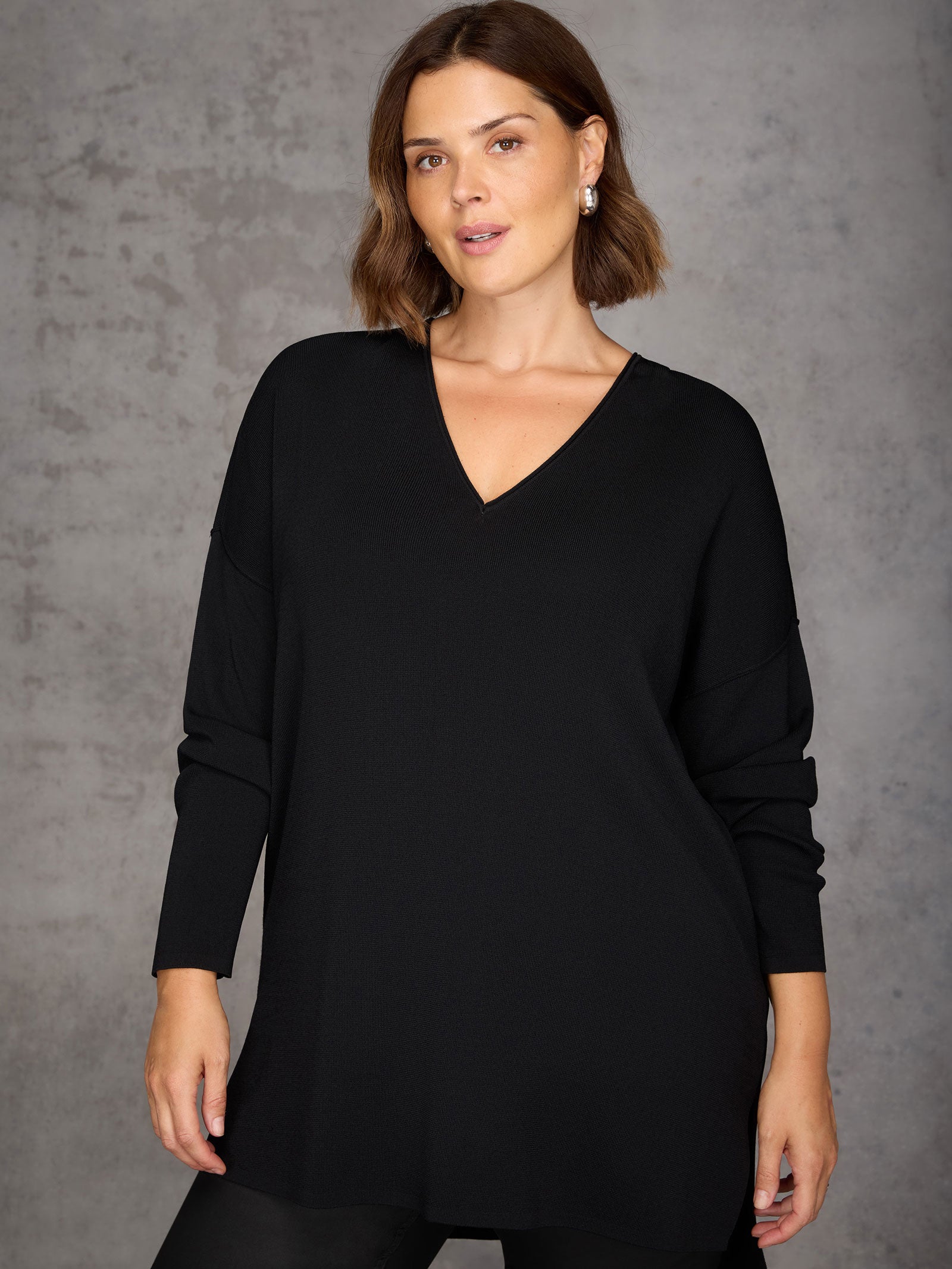Black Ribbed Detail V Neck Knit Tunic