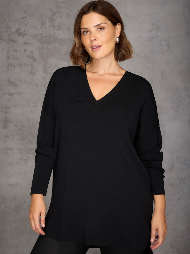 Black Ribbed Detail V Neck Knit Tunic