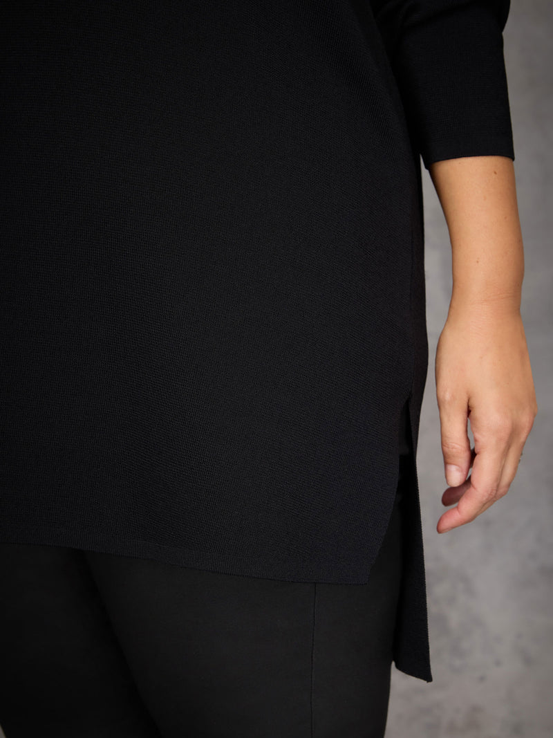 Black Ribbed Detail V Neck Knit Tunic