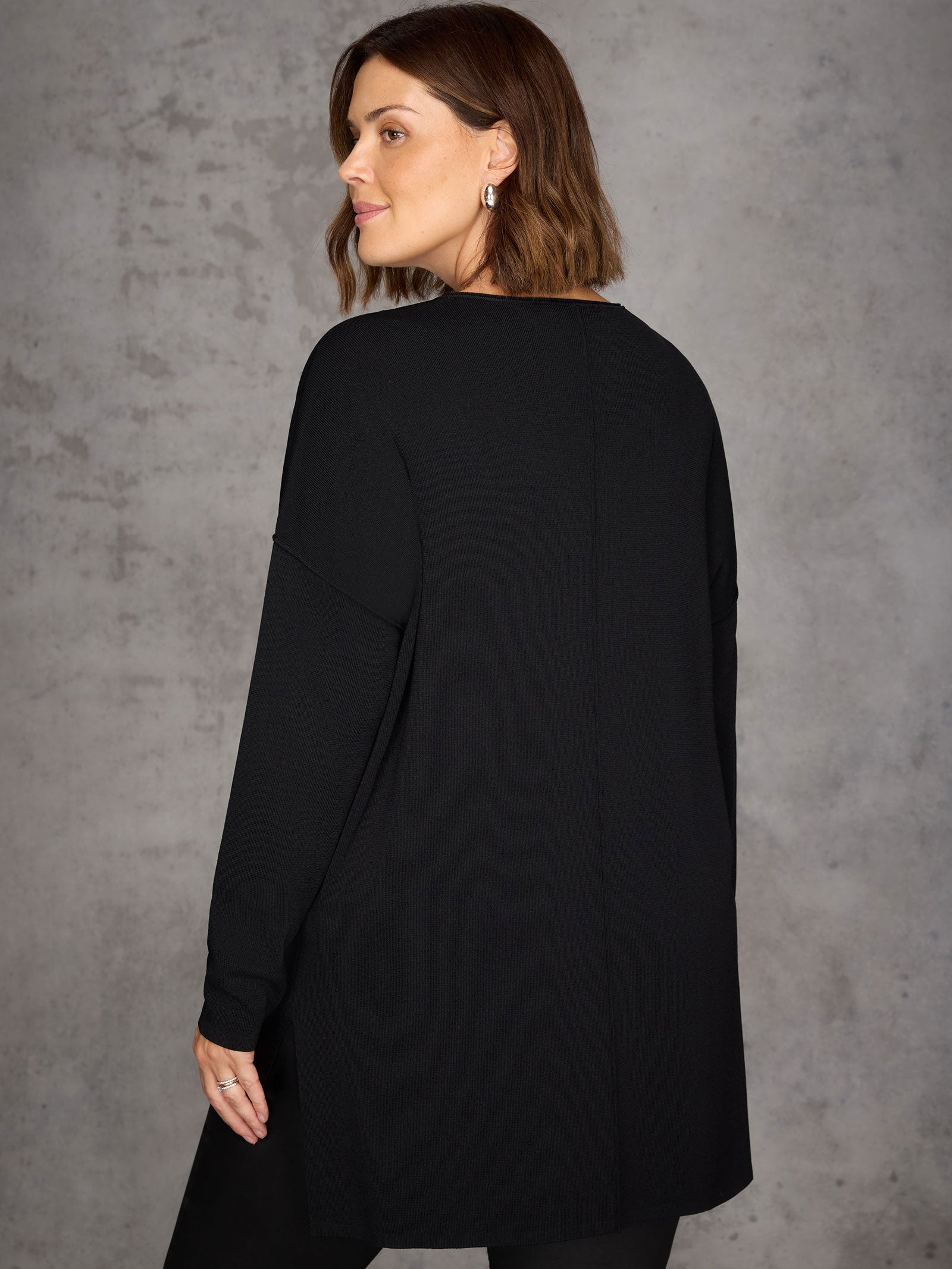 Black Ribbed Detail V Neck Knit Tunic