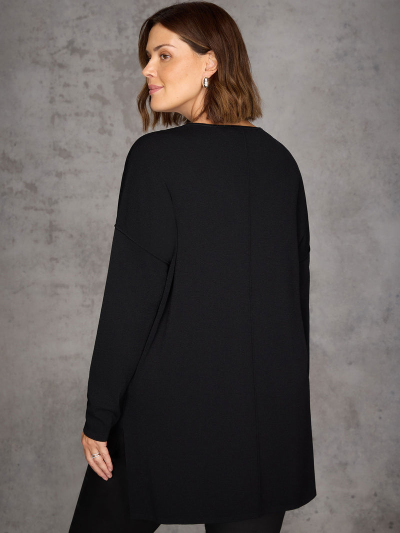 Black Ribbed Detail V Neck Knit Tunic