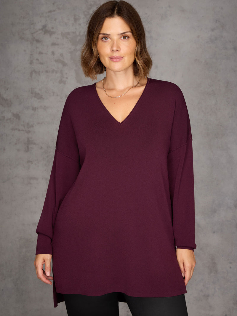 Plum Ribbed Detail V-Neck Knit Tunic