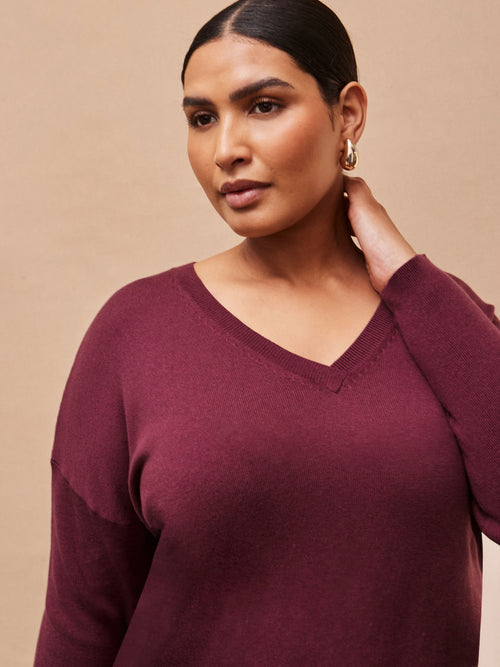 Burgundy V Neck Jumper