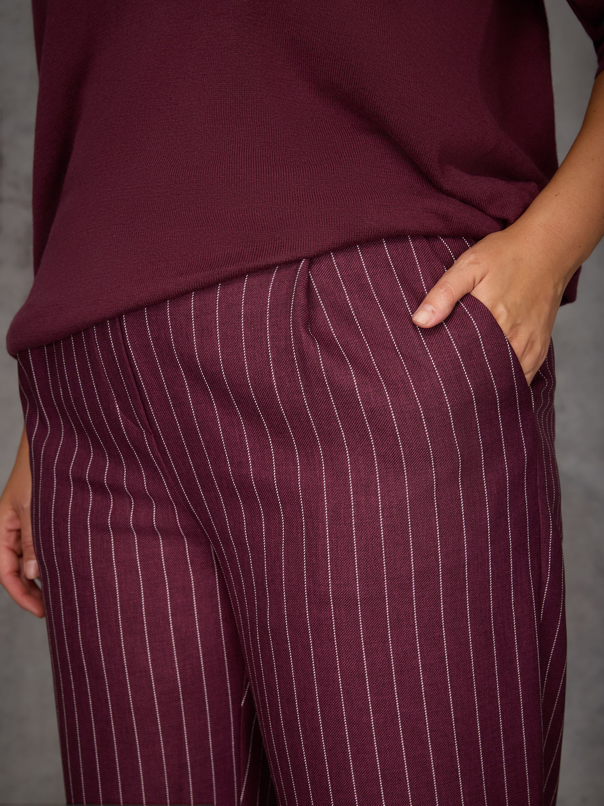 Burgundy Pinstripe Button Detail Wide Leg Trouser