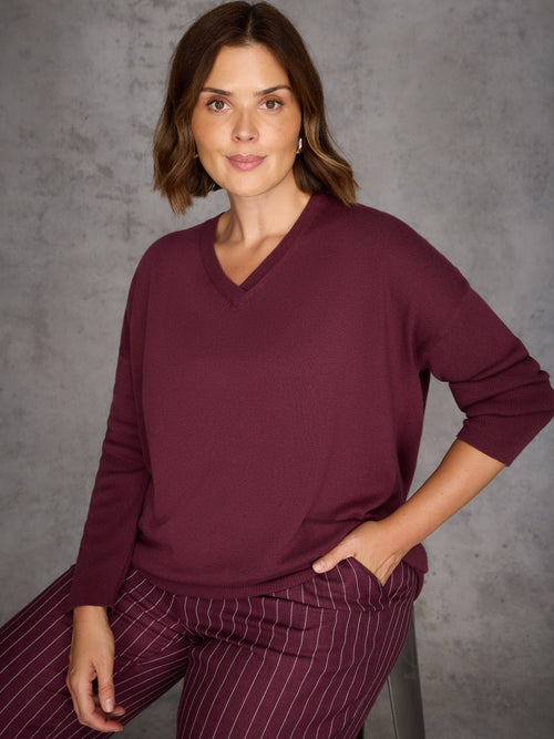 Burgundy V Neck Jumper