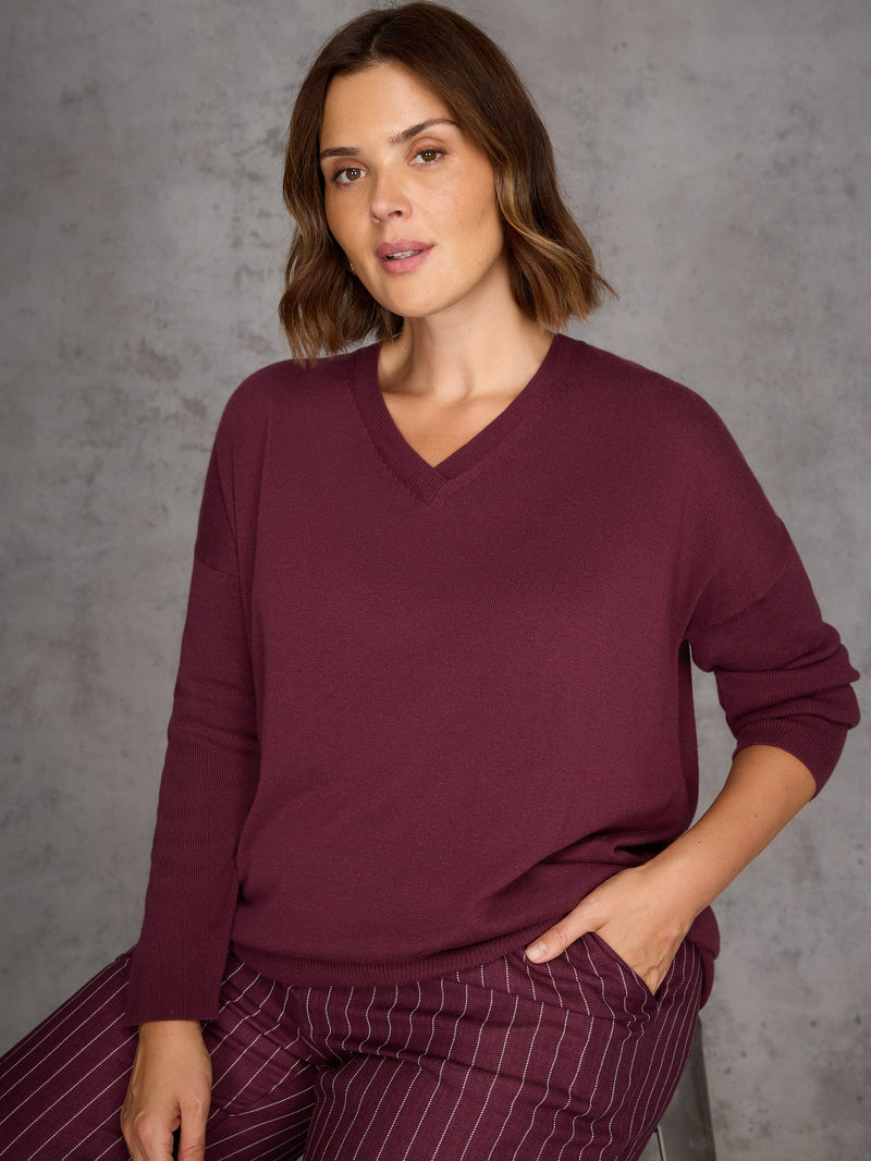 Burgundy V Neck Jumper