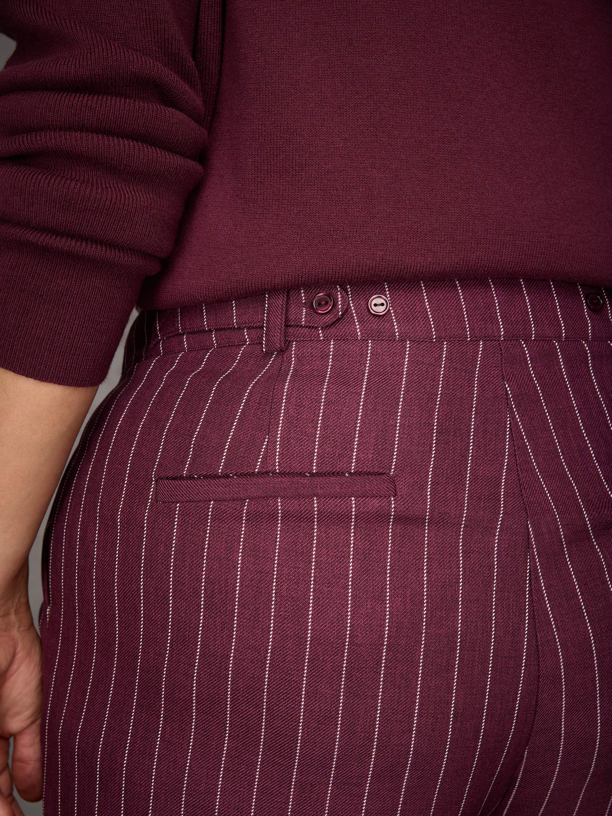 Burgundy Pinstripe Button Detail Wide Leg Trouser