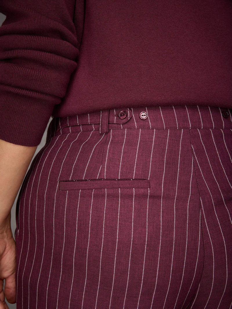 Burgundy Pinstripe Button Detail Wide Leg Trouser