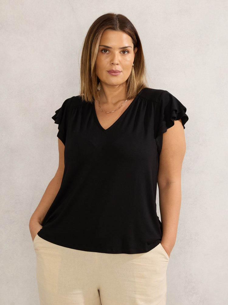 Black Jersey Flutter Sleeve Top