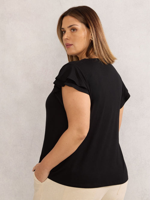 Black Jersey Flutter Sleeve Top