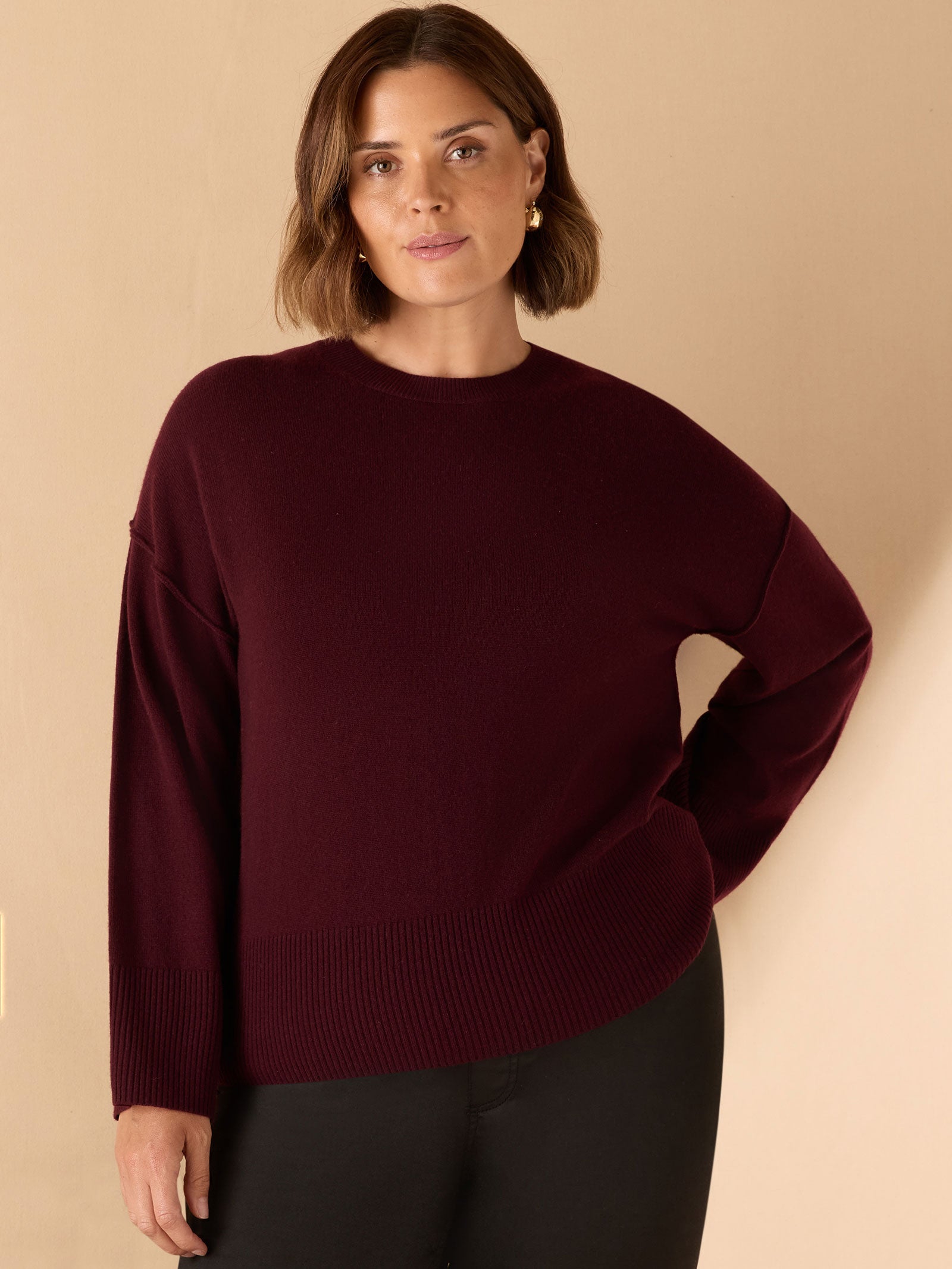 Burgundy Seam Detail Round Neck Knit Jumper