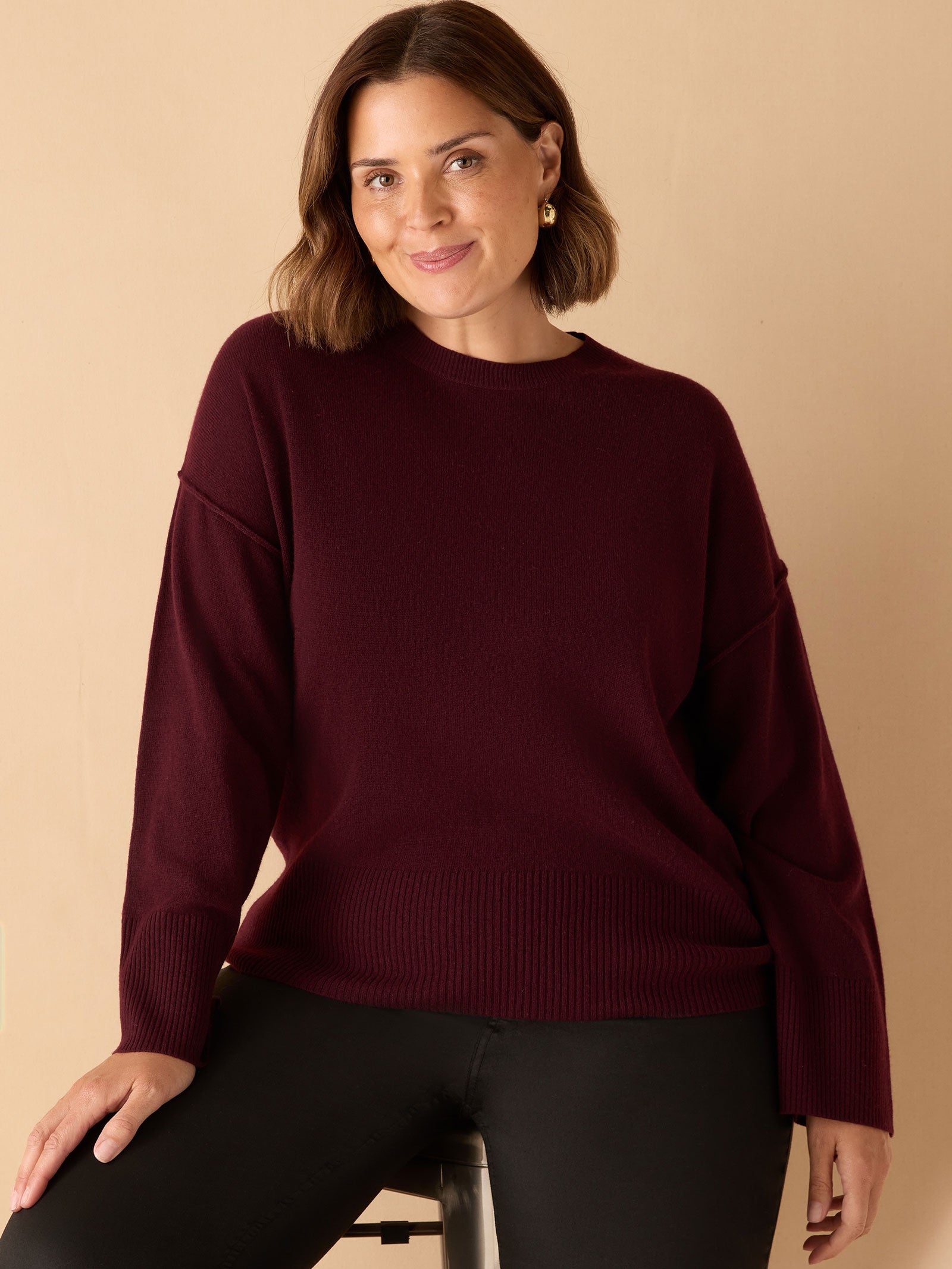 Burgundy Seam Detail Round Neck Knit Jumper
