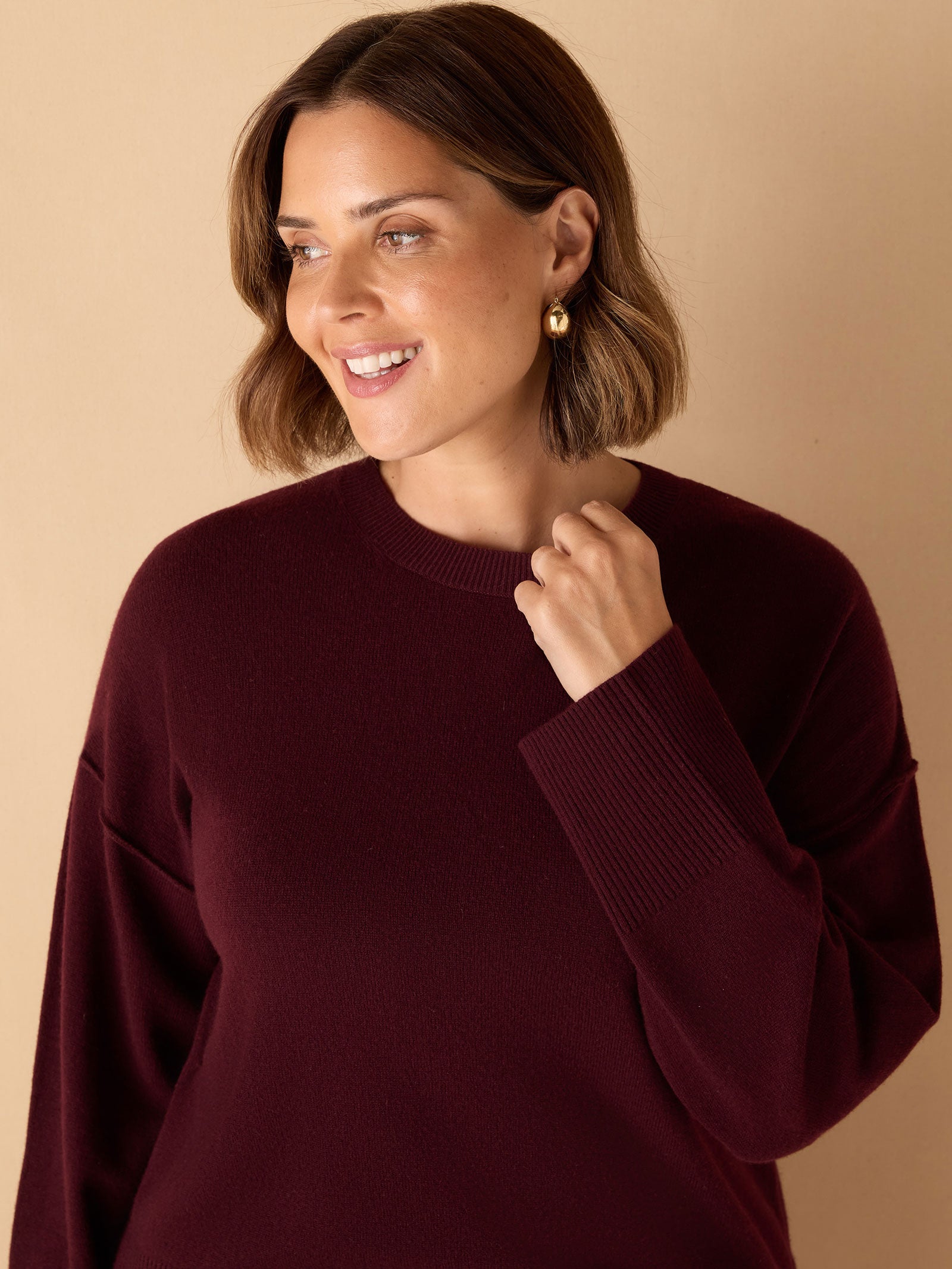 Burgundy Seam Detail Round Neck Knit Jumper