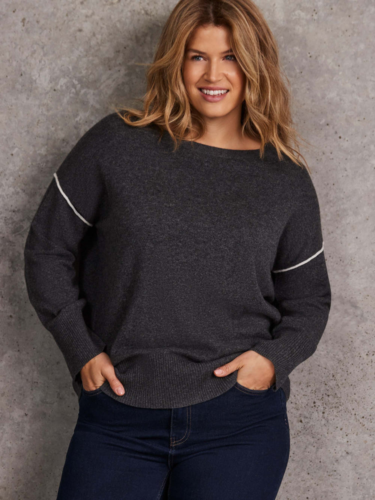 Grey Seam Detail Round Neck Jumper