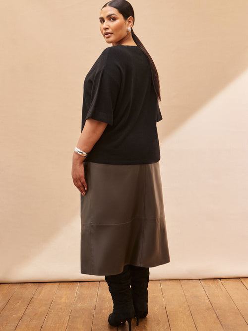 Khaki Faux Leather Seam Detail Midi Skirt