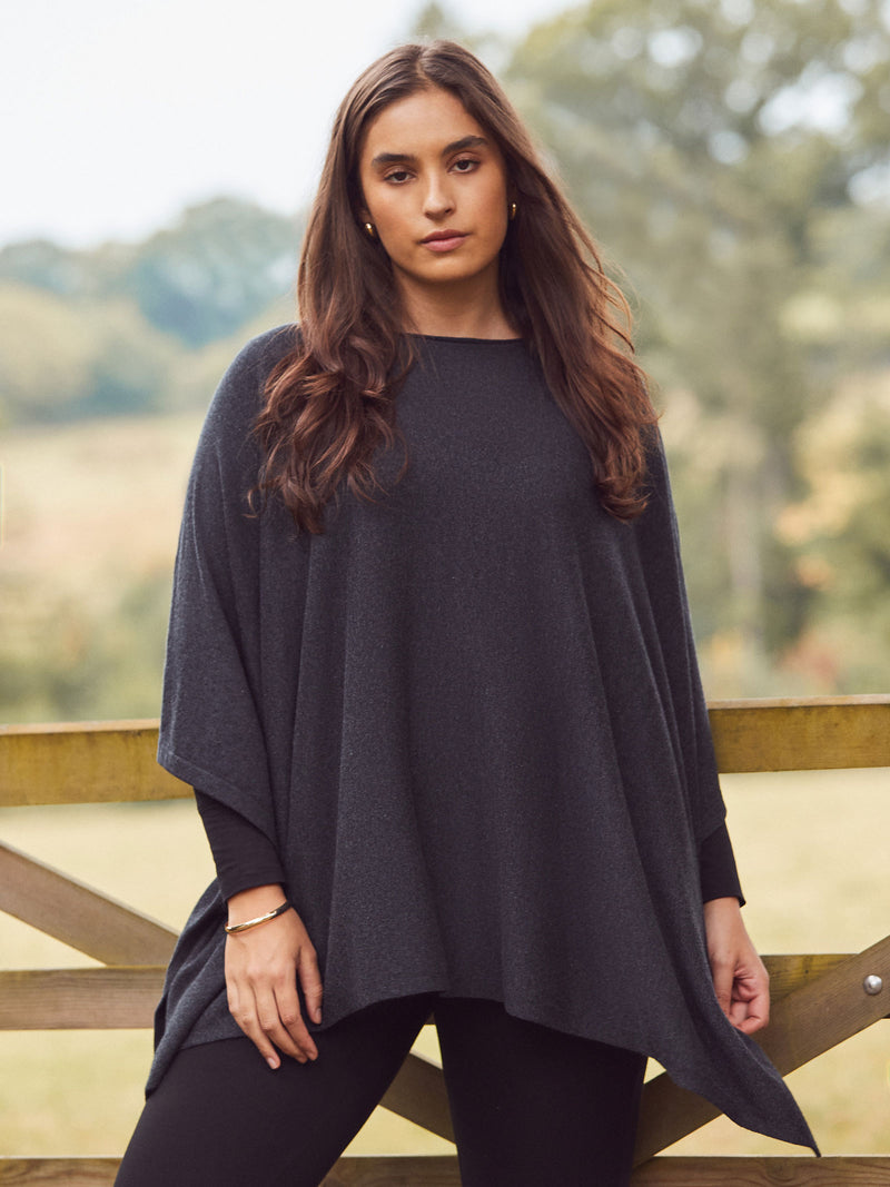 Grey Cashmere-Blend Knit Poncho