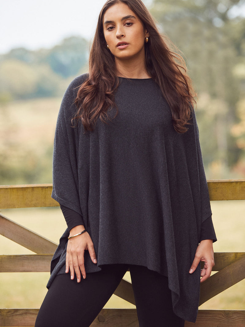 Grey Cashmere-Blend Knit Poncho