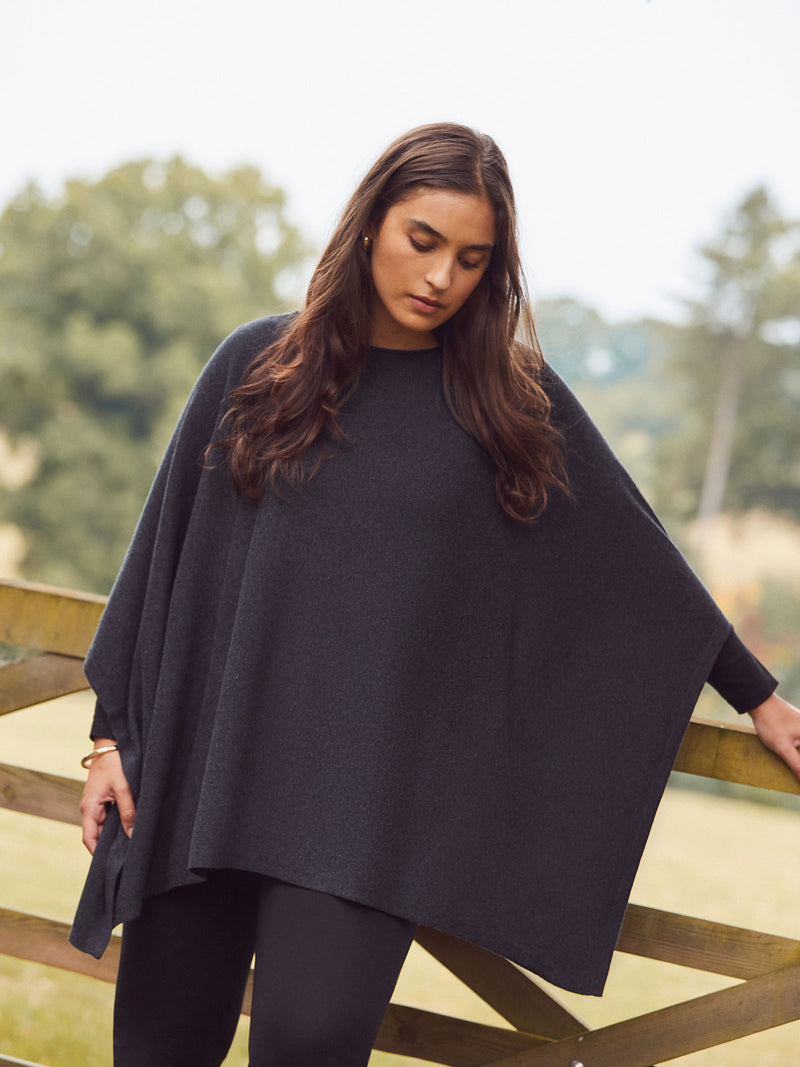 Grey Cashmere-Blend Knit Poncho