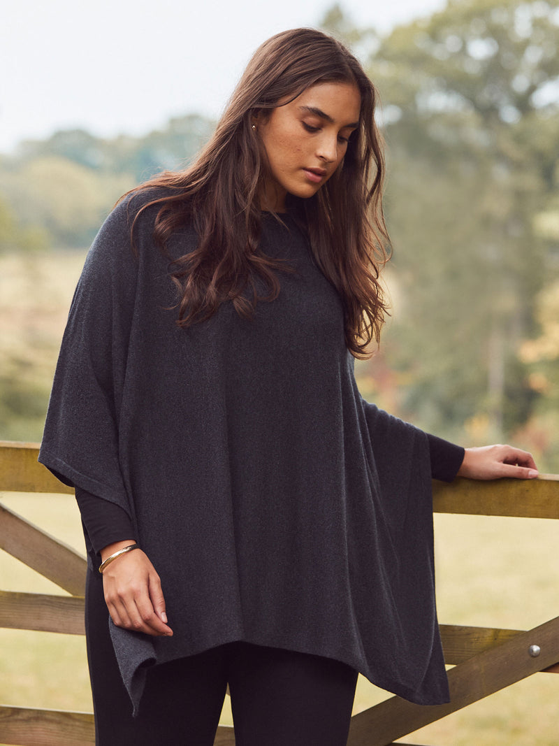 Grey Cashmere-Blend Knit Poncho