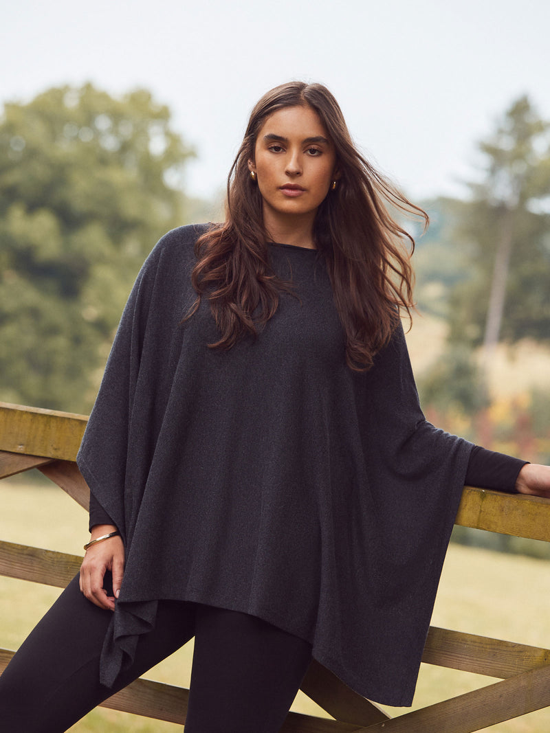 Grey Cashmere-Blend Knit Poncho