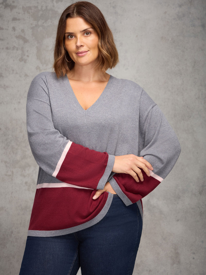 Grey Contrast Stripe V Neck Jumper