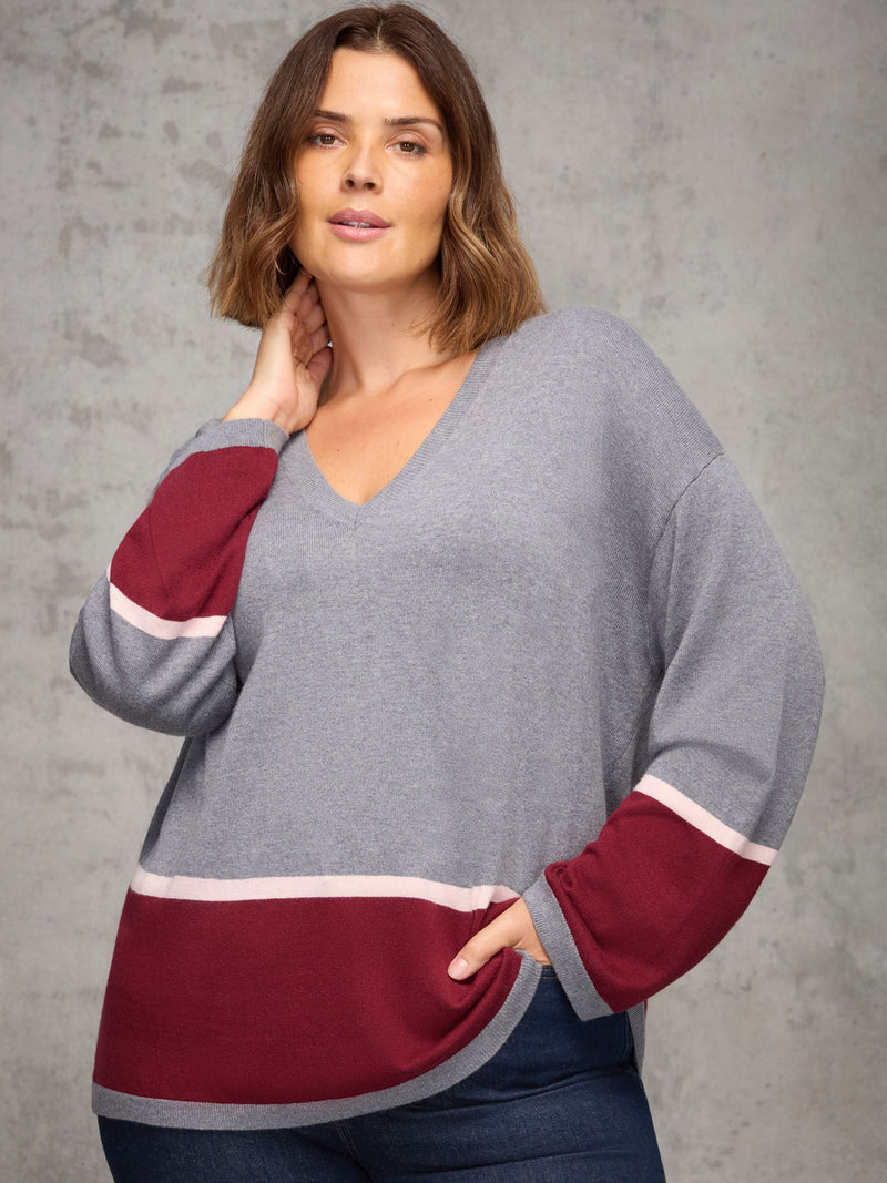 Grey Contrast Stripe V Neck Jumper