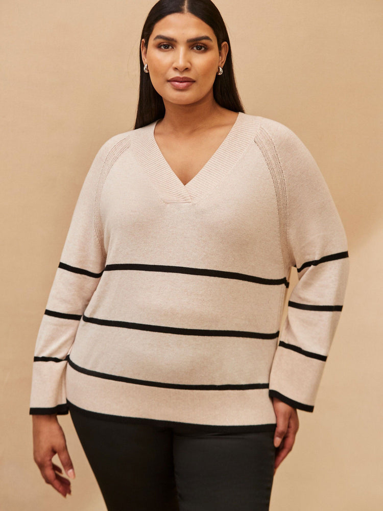 Cream And Black Stripe V Neck Jumper