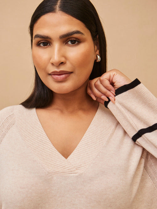 Cream And Black Stripe V Neck Jumper