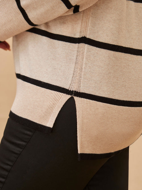 Cream And Black Stripe V Neck Jumper