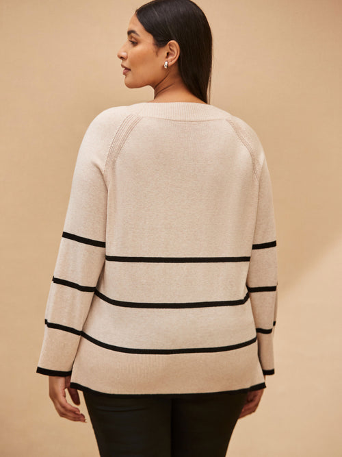 Cream And Black Stripe V Neck Jumper
