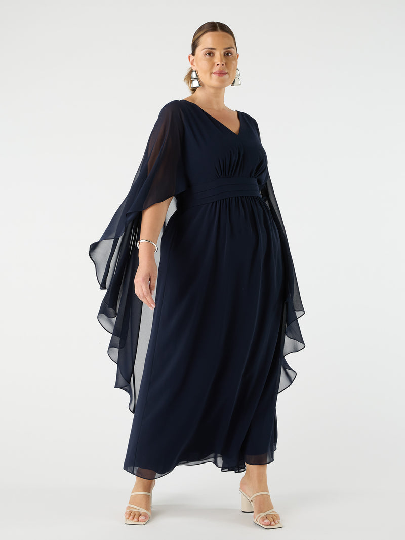 Navy Chiffon Maxi Cape Dress