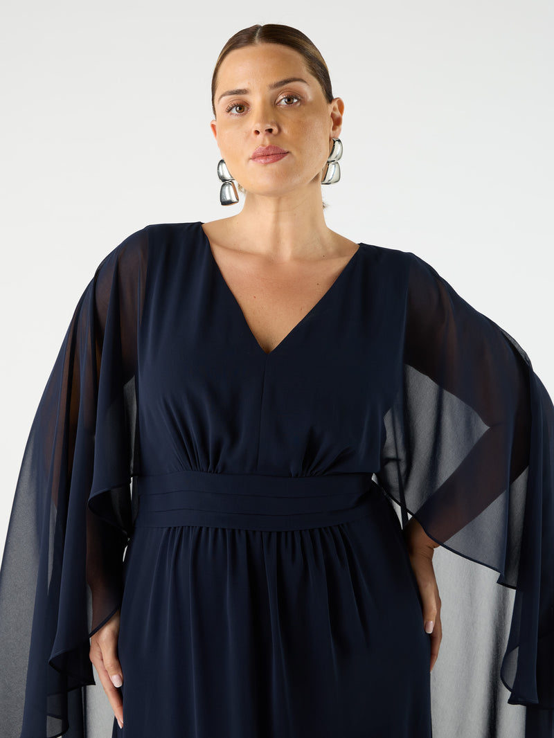 Navy Chiffon Maxi Cape Dress