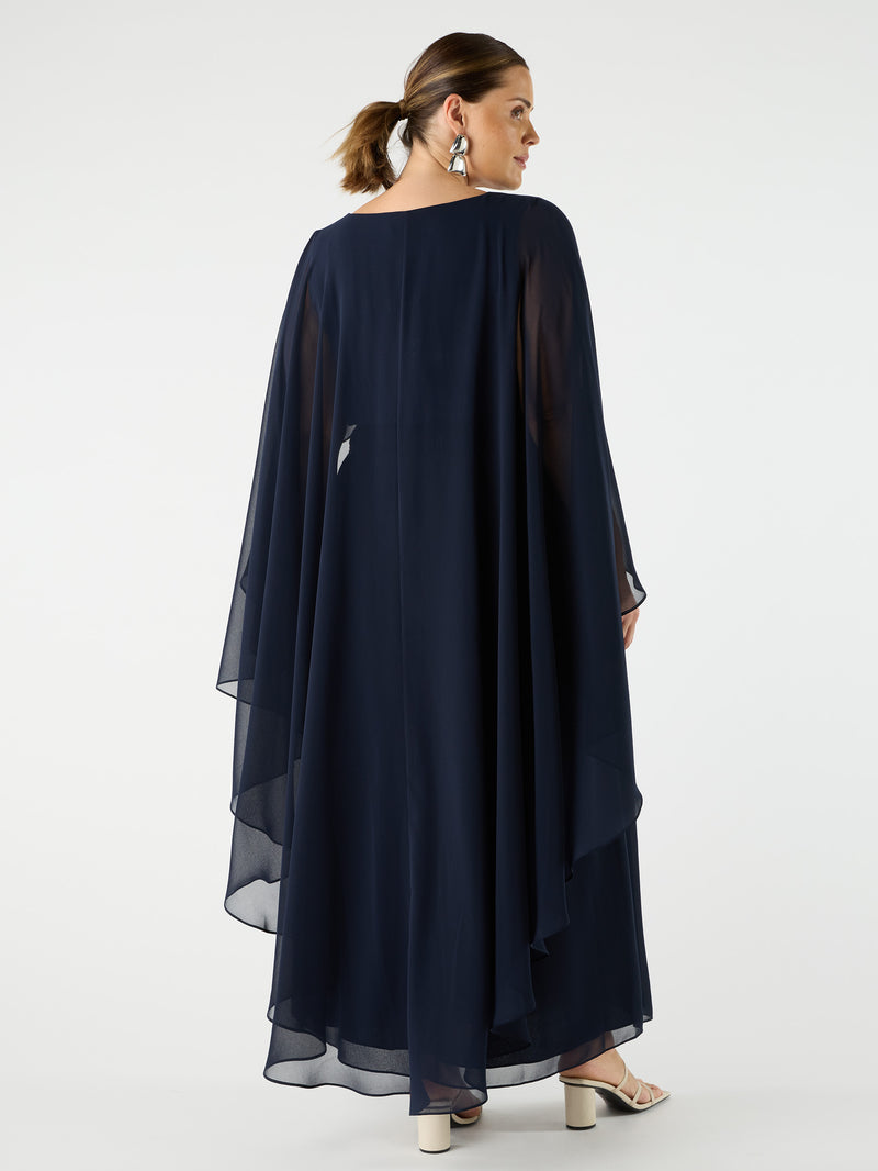 Navy Chiffon Maxi Cape Dress