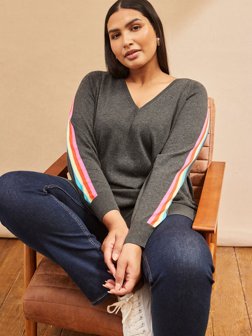 Grey Knitted V-Neck Contrast Stripe Jumper