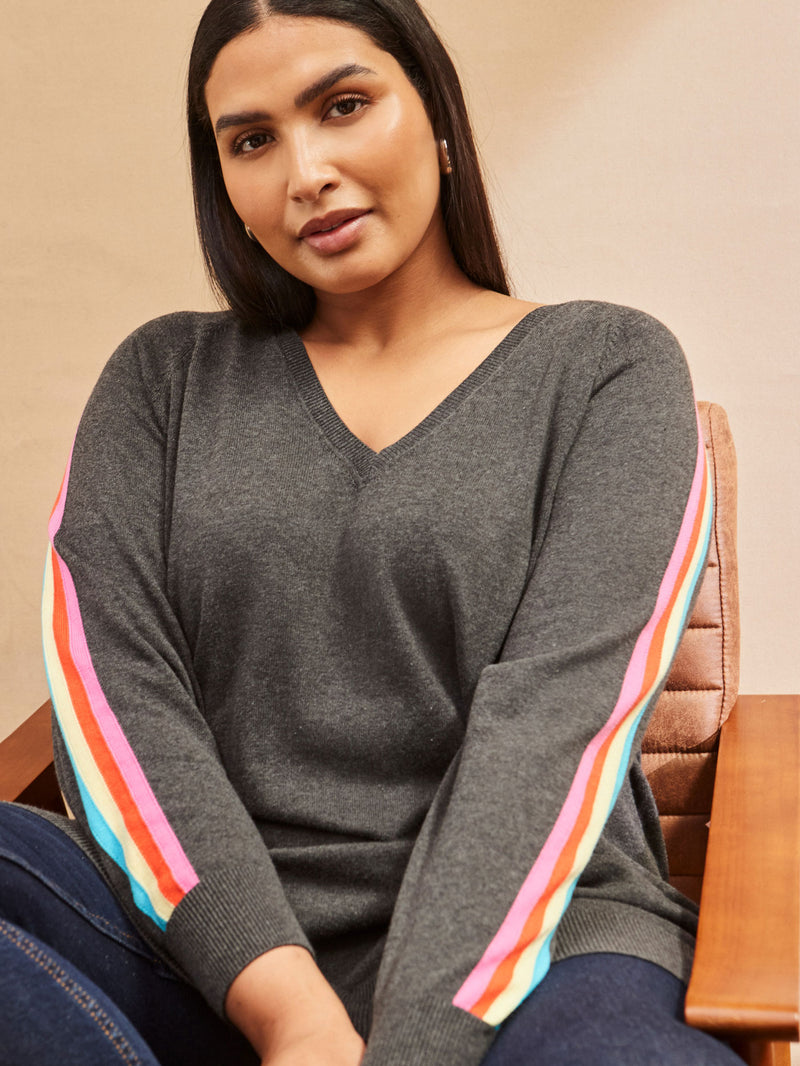 Grey Knit V-Neck Contrast Stripe Jumper