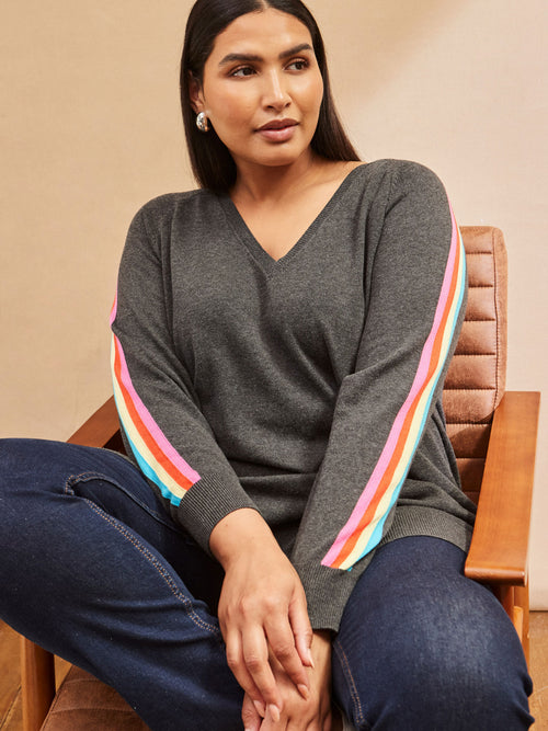 Grey Knitted V-Neck Contrast Stripe Jumper