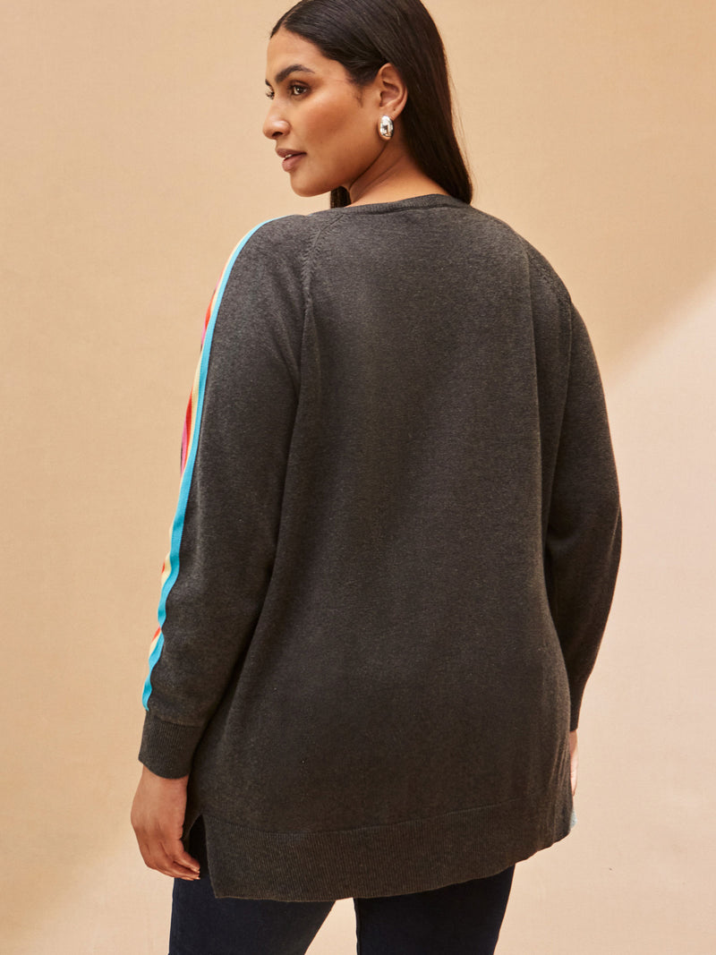 Grey Knit V-Neck Contrast Stripe Jumper