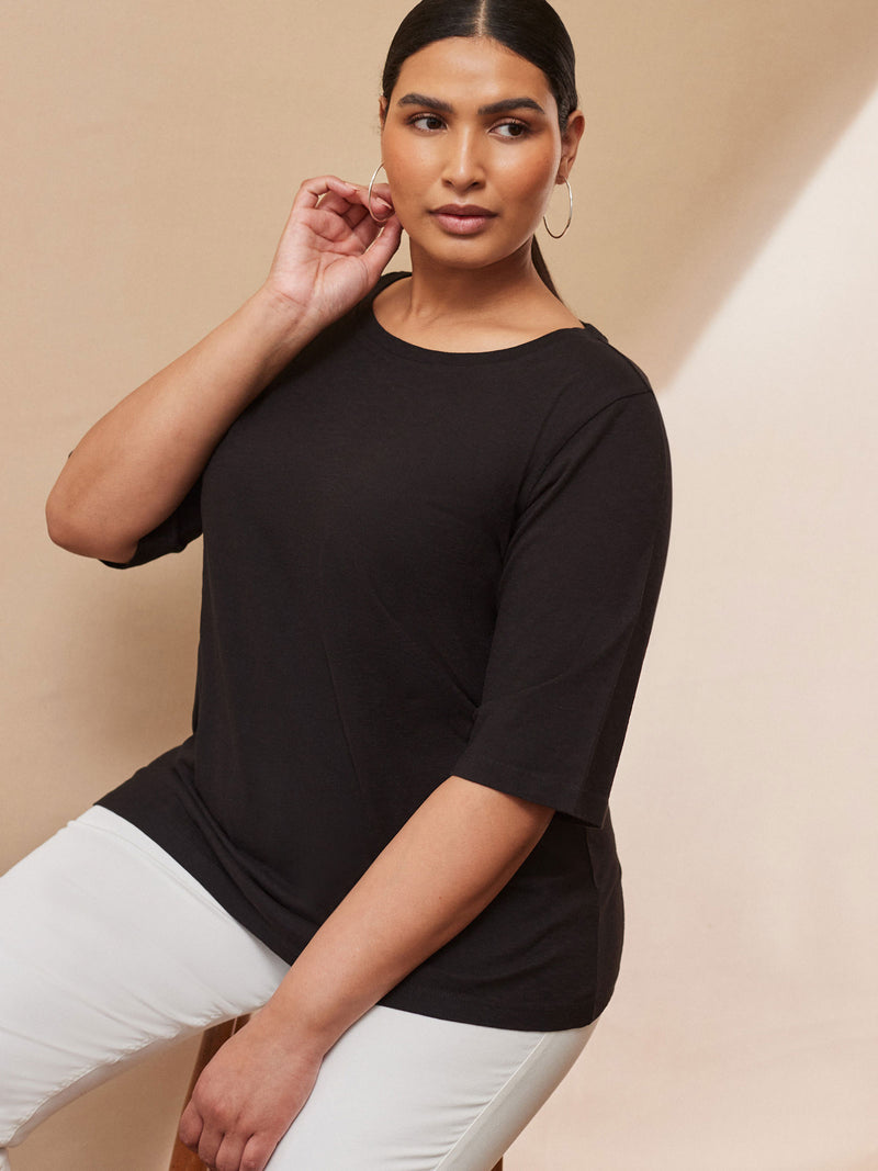 Black Cotton Elbow Length Sleeve T-Shirt