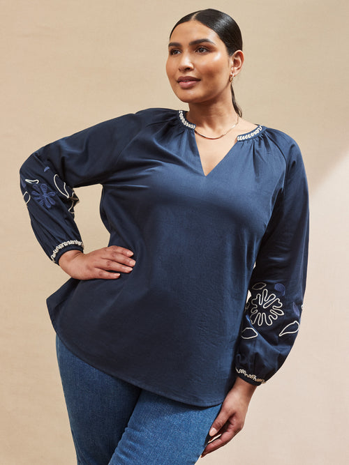Navy Cotton Contrast Embroidered Blouse