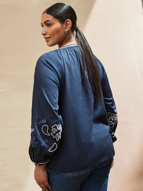 Navy Cotton Contrast Embroidered Blouse