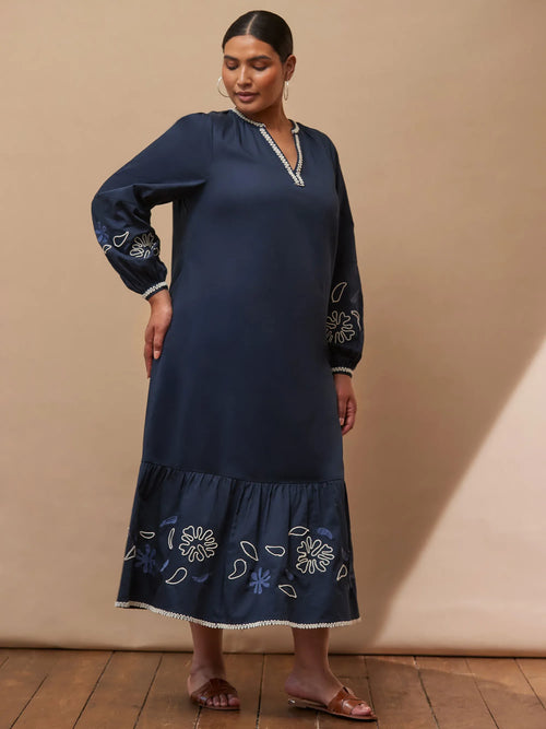 Navy Cotton Contrast Embroidered Midaxi Dress