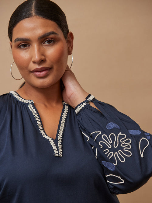 Navy Cotton Contrast Embroidered Midaxi Dress