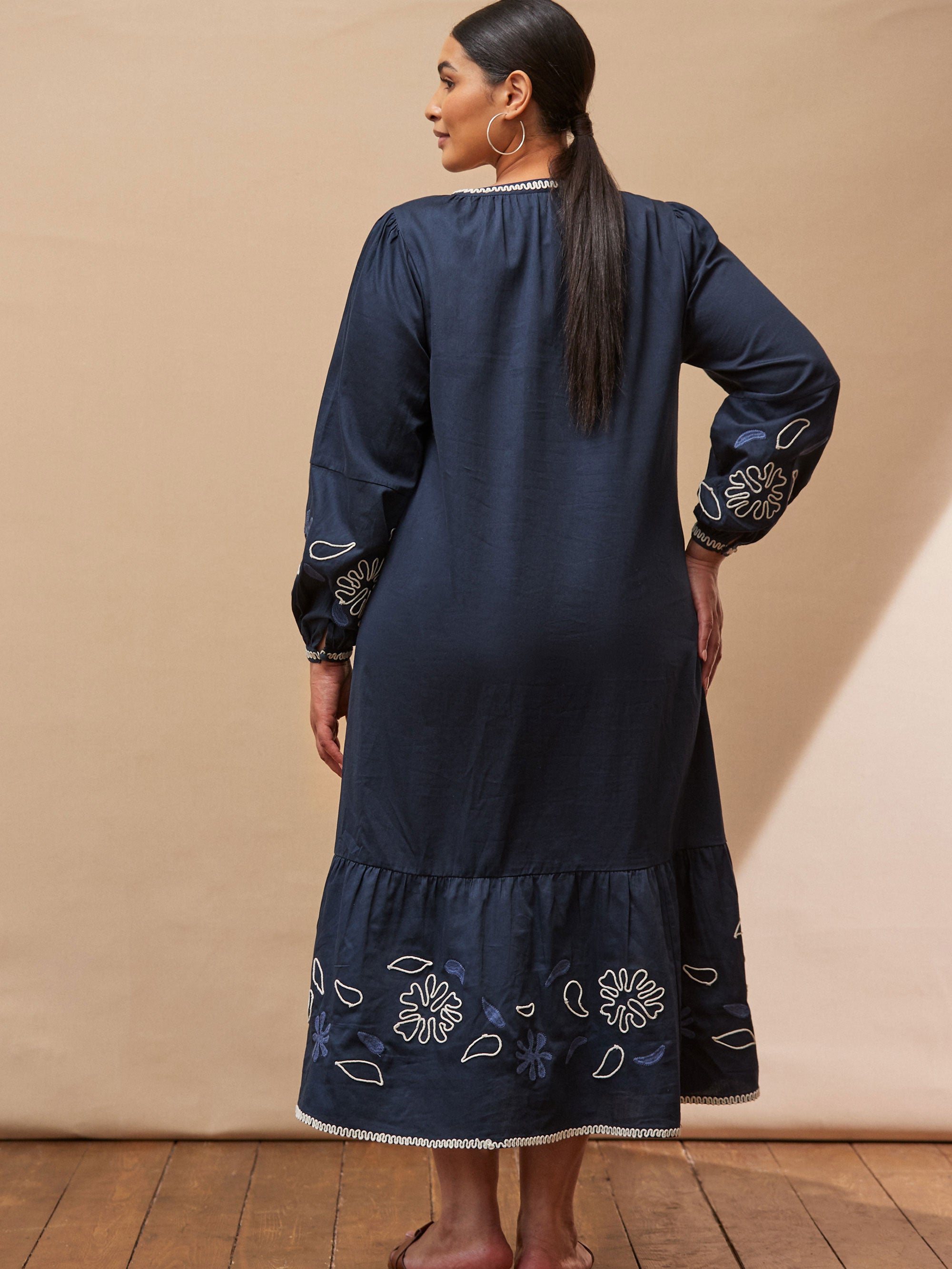 Navy Cotton Contrast Embroidered Midaxi Dress