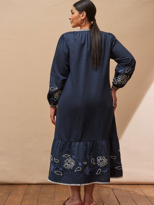 Navy Cotton Contrast Embroidered Midaxi Dress