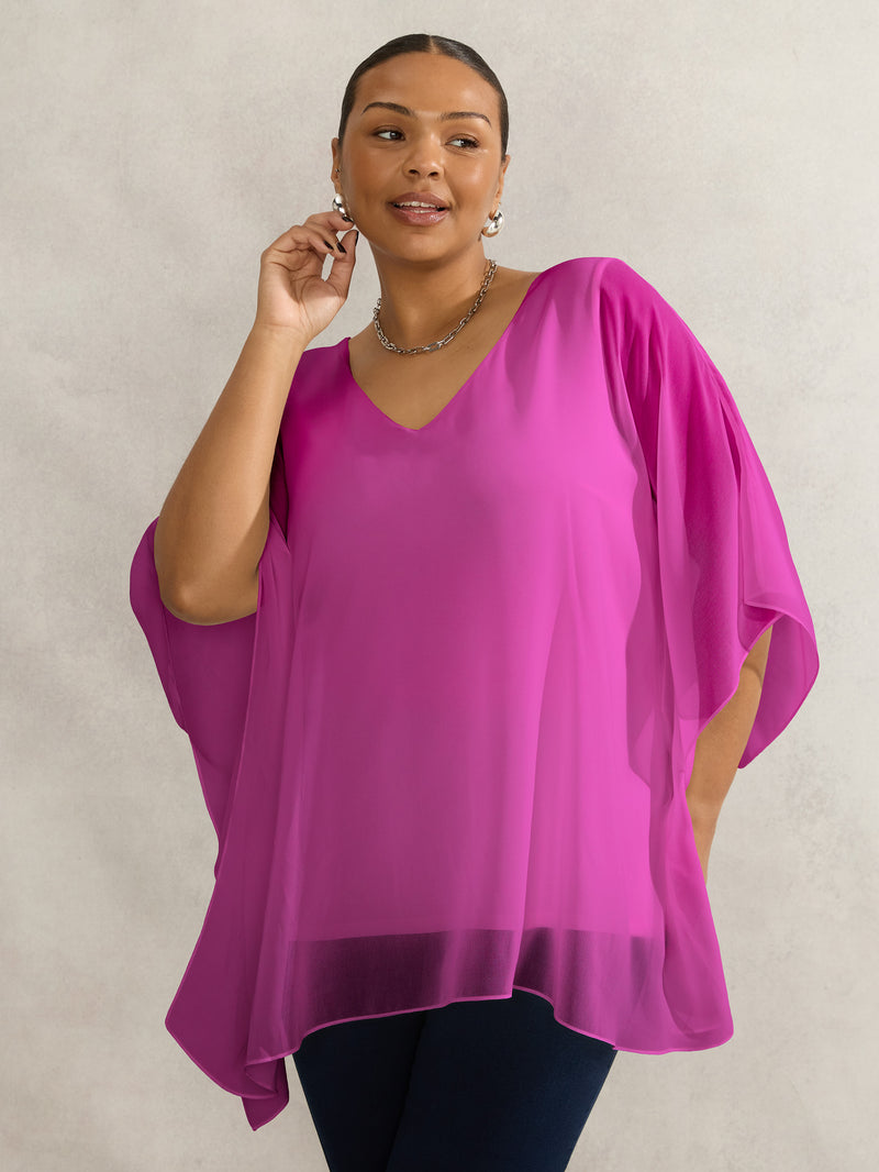 Magenta Chiffon V Neck Overlay Top
