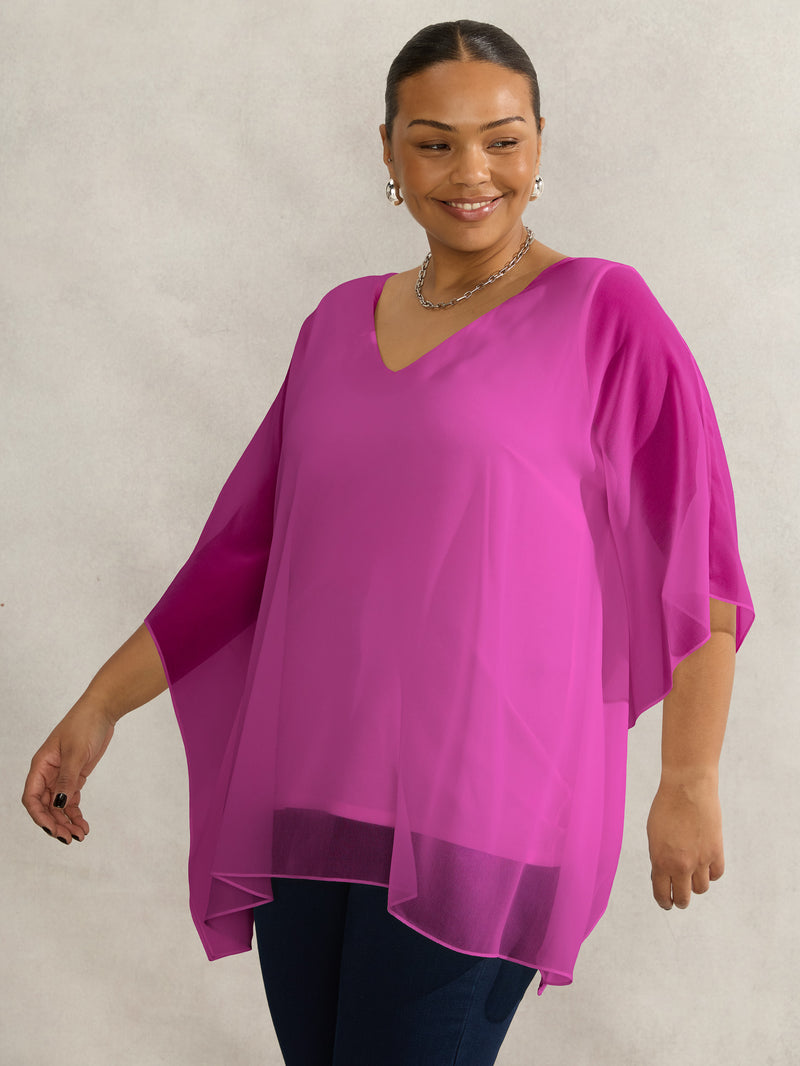 Magenta Chiffon V Neck Overlay Top